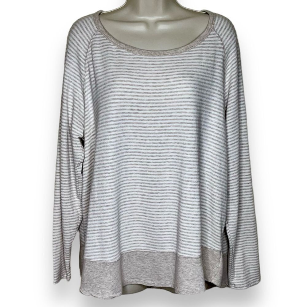 Kersh French Terry Stripe Tan Cream Long Raglan Sleeve Scoop Neck Women Size XL